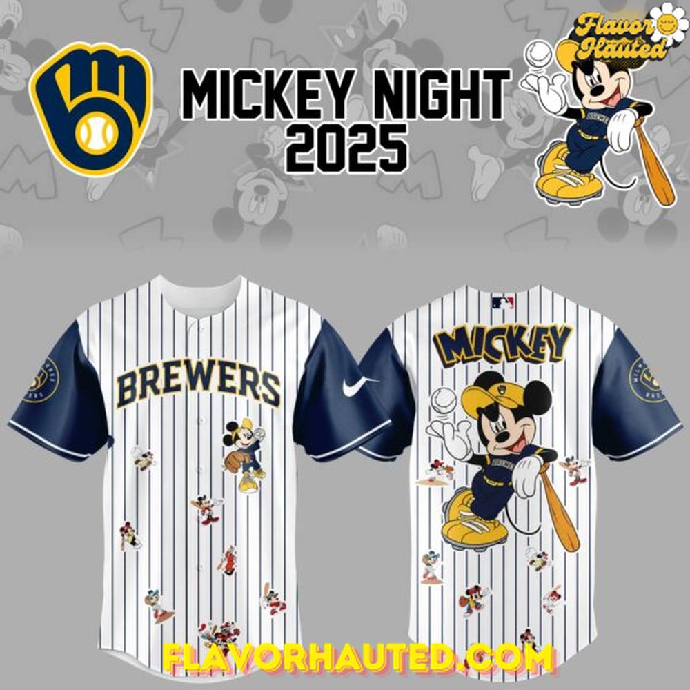 Milwaukee Brewers x Mickey Mouse Night 2025 Limited Striped Baseball Jersey Milwaukee Brewers x Mickey Mouse Night 2025 Limited Striped Baseball Jersey