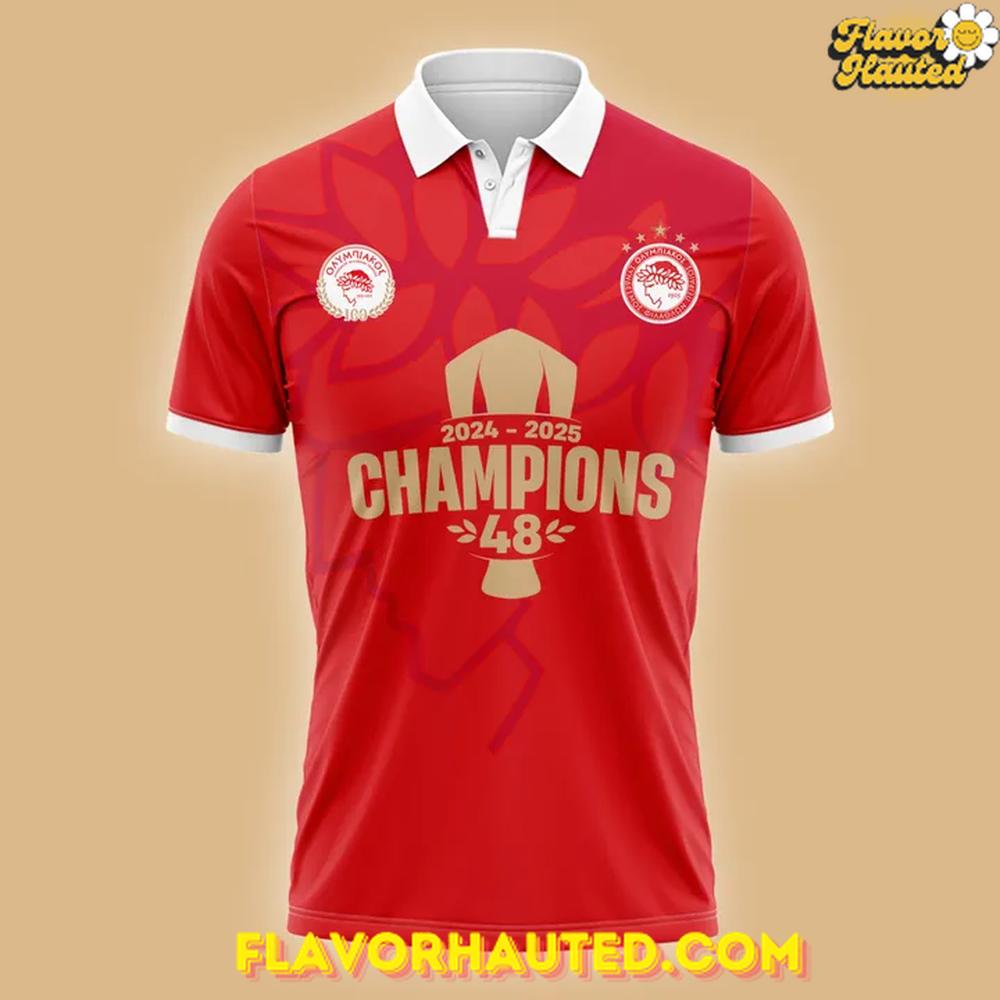 Olympiacos 2024-2025 Champions 48th Title Limited Polo Shirt Olympiacos 2024-2025 Champions 48th Title Limited Polo Shirt